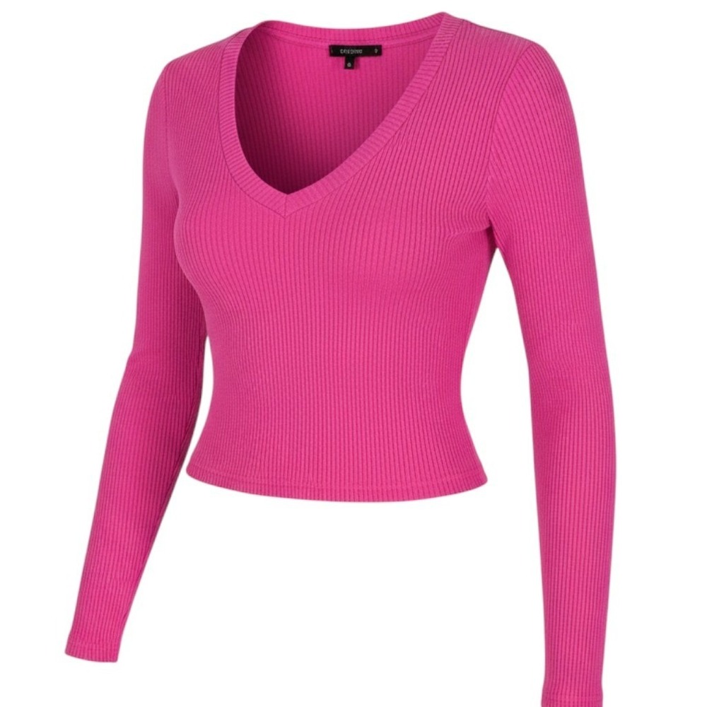 SHEIN Crop Top Women Medium Pink Ribbed V-Neck Long Sleeve sS200722003503